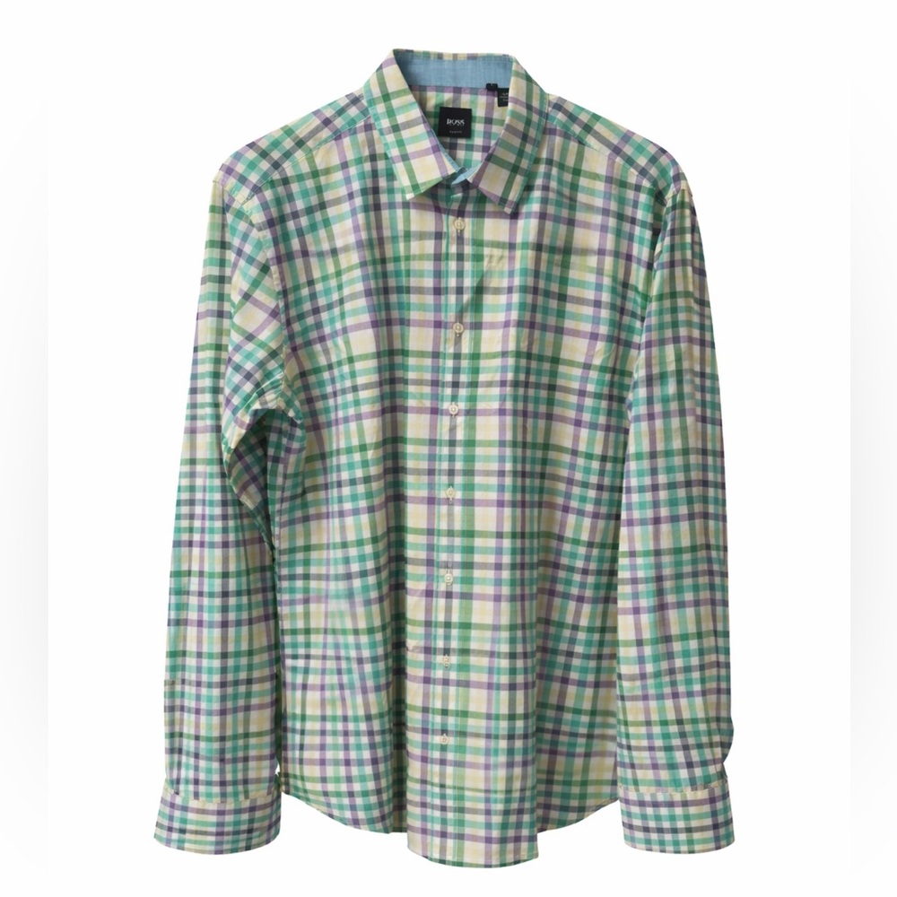HUGO BOSS MEN PLAID BUTTON DOWN DRESS SHIRT XL Slim Fit Blue Green Yelow Purple